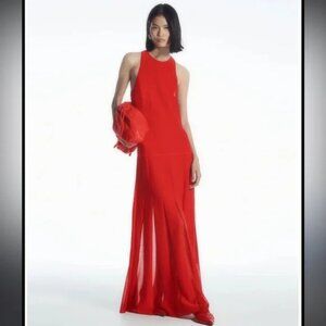 COS Pleated Racer Neck Formal Maxi Dress Small Red NWOT Stretch Dropped Waist